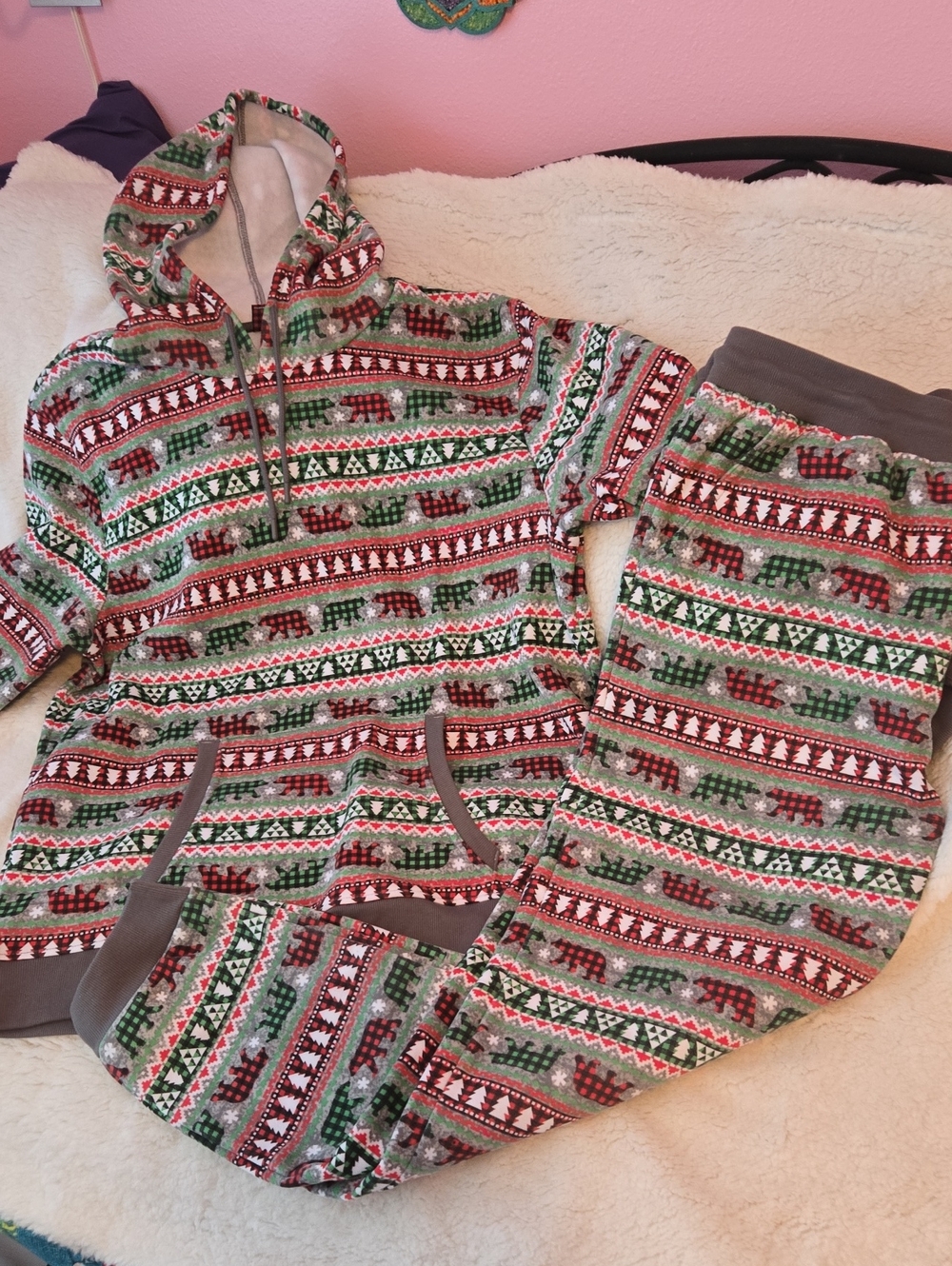ADT Hooded Pajama Set - Red, Green & Gray Holiday Print
